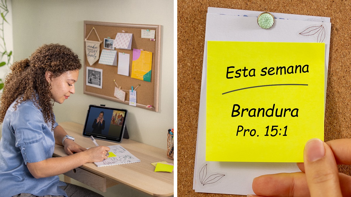 Conjunto de imagens: 1. Uma irmã a tomar notas durante o seu estudo pessoal. 2. Ela coloca o papel onde fez a nota num local visível. A nota diz: “Esta semana, brandura, Provérbios 15:1.”