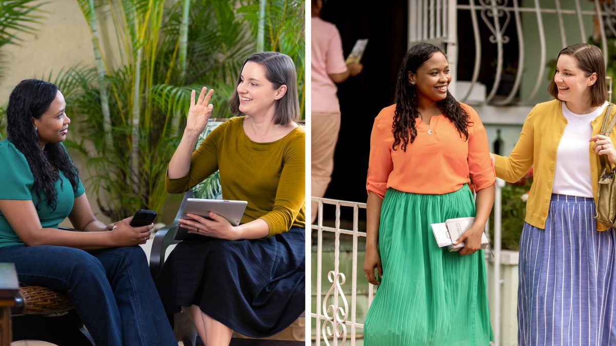 Conjunto de imagens: 1. Uma irmã conversa com a sua estudante e presta atenção. 2. Mais tarde, a irmã e a estudante vão juntas à pregação e estão felizes.