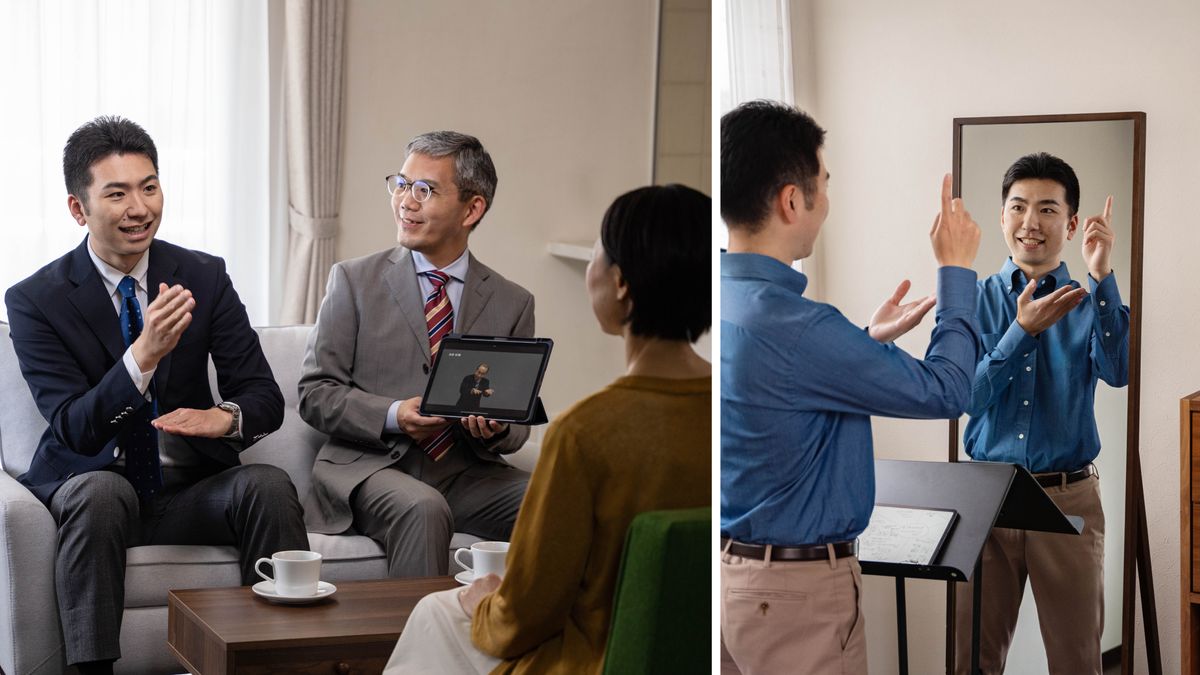 Conjunto de imagens: 1. Um servo ministerial e um ancião a visitar uma irmã na casa dela. Eles têm as Bíblias abertas enquanto o servo ministerial fala com ela. 2. O servo ministerial treina um discurso à frente de um espelho.