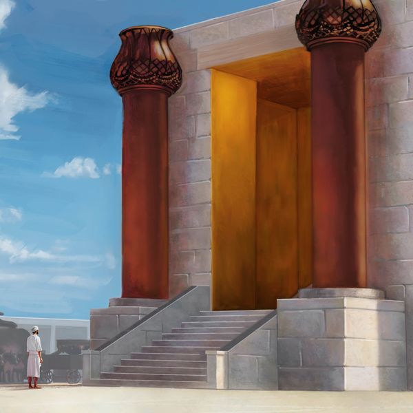 Um levita está de pé, entre o altar de cobre e o pórtico do templo.