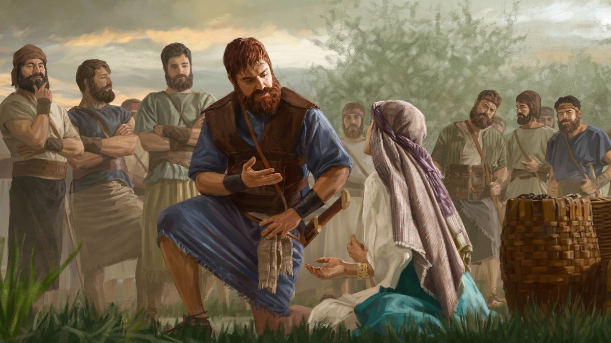 O rei David ouve Abigail com atenção. Ela está a implorar-lhe, ajoelhada no chão.