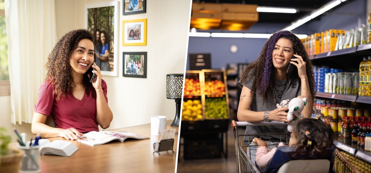 Uma irmã está a fazer o estudo pessoal e telefona à sua irmã descrente, que está a fazer compras com a filha pequena.