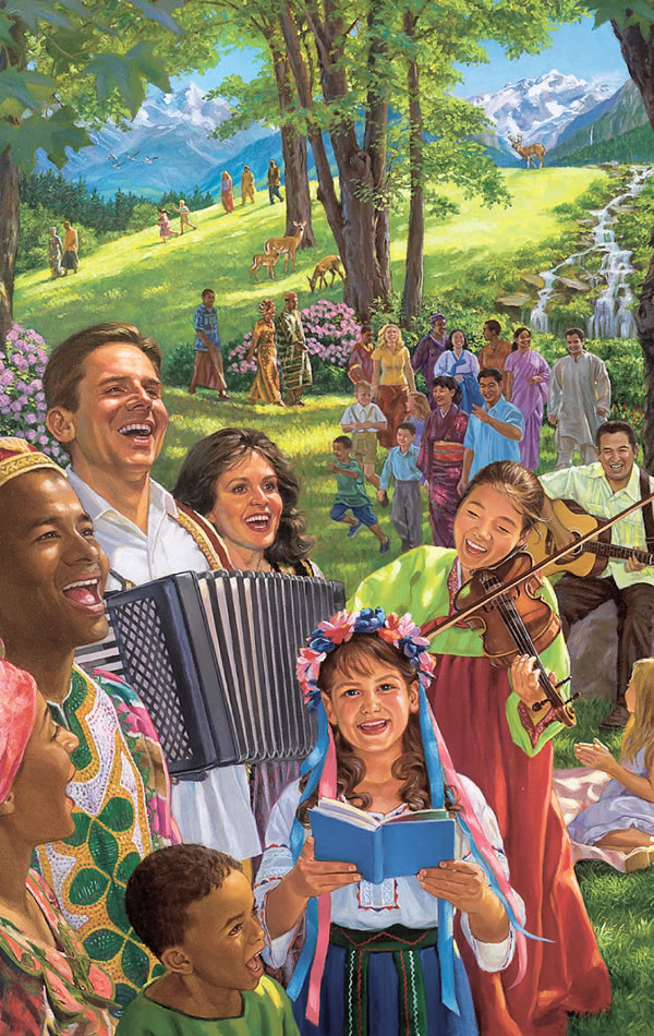 Pessoas a cantar, a tocar instrumentos musicais e a usufruir da vida no novo mundo