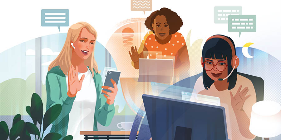 Amigas em várias partes do mundo mantêm contacto por videoconferência.