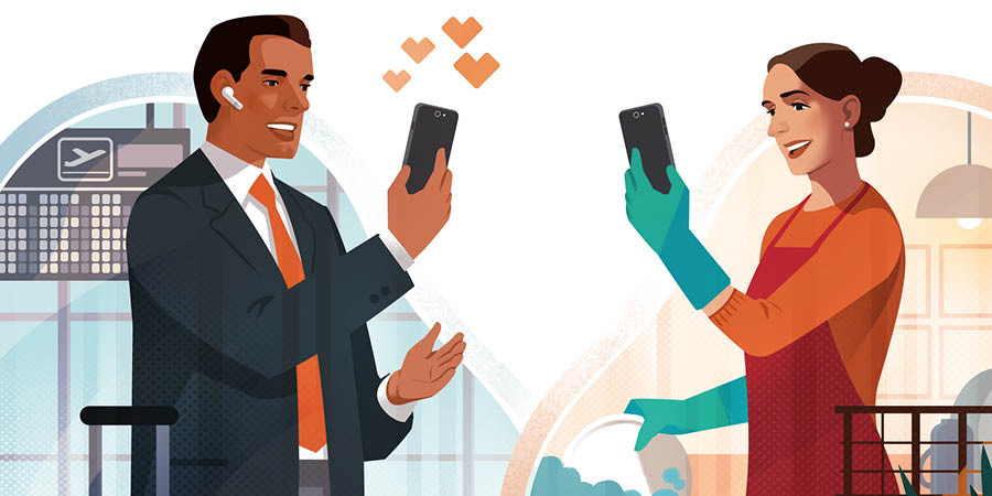 Um homem no aeroporto faz uma videochamada com a sua esposa, que está em casa.