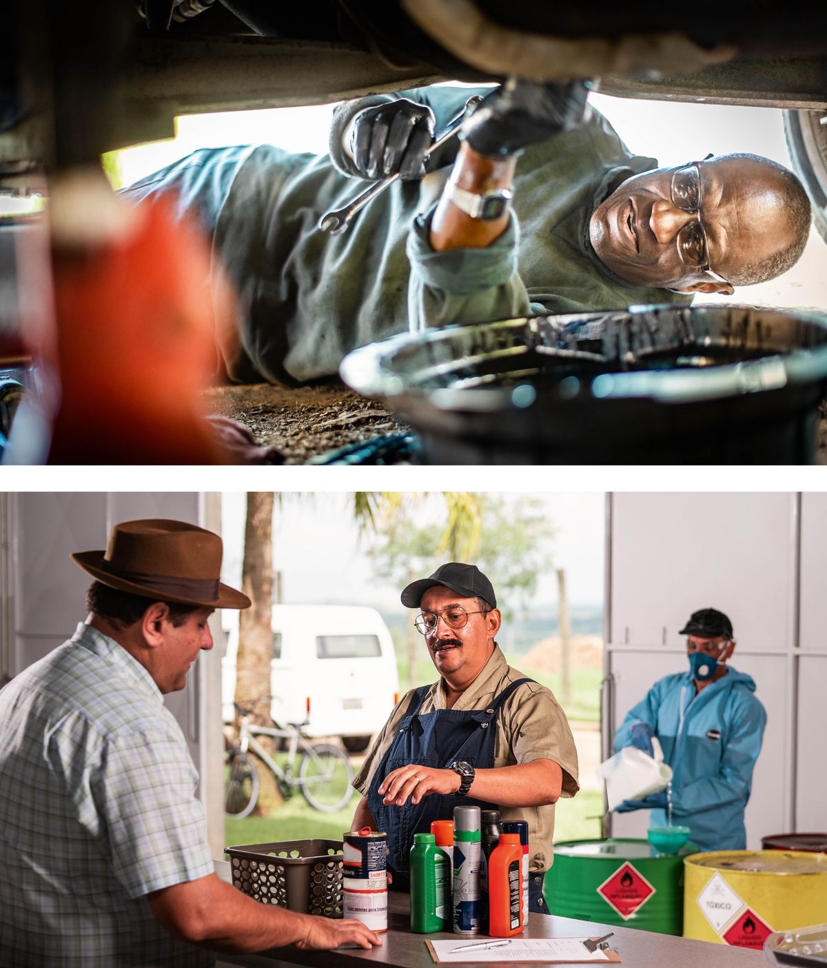 Conjunto de imagens: 1. Um homem repara o carro que tem uma fuga de óleo. Ele apanha o óleo que cai do carro com um recipiente. 2. Um homem desfaz-se corretamente de embalagens de produtos químicos num centro de reciclagem.