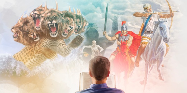 Um homem lê o livro de Apocalipse e imagina uma fera e os cavaleiros do Apocalipse