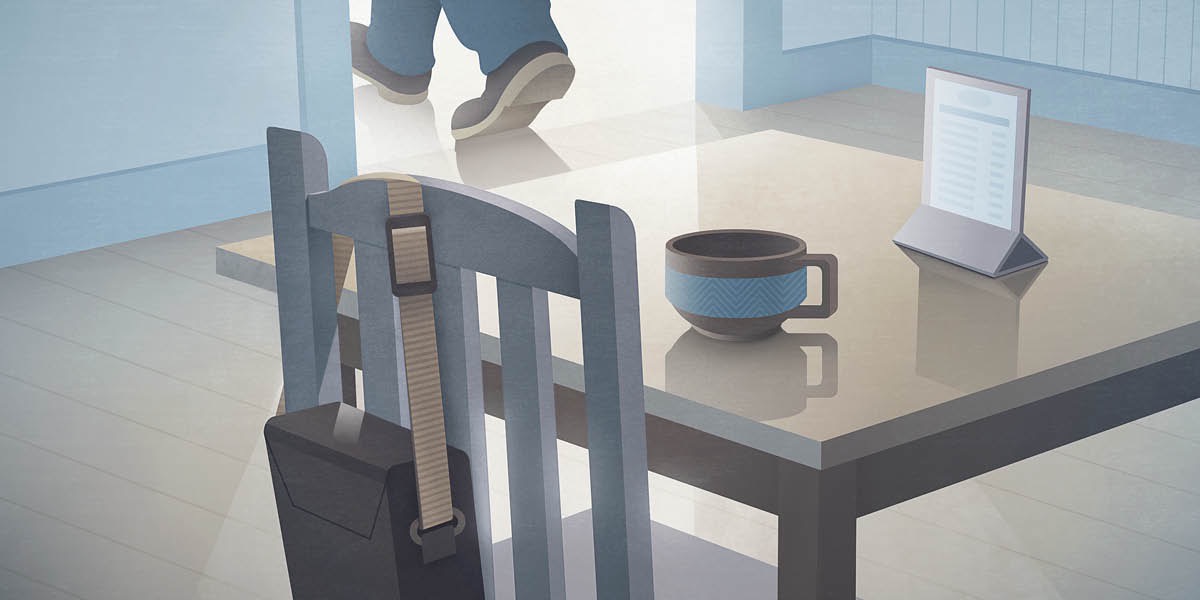 Um homem a sair de um café, esquecendo-se da sua mala pendurada numa cadeira.