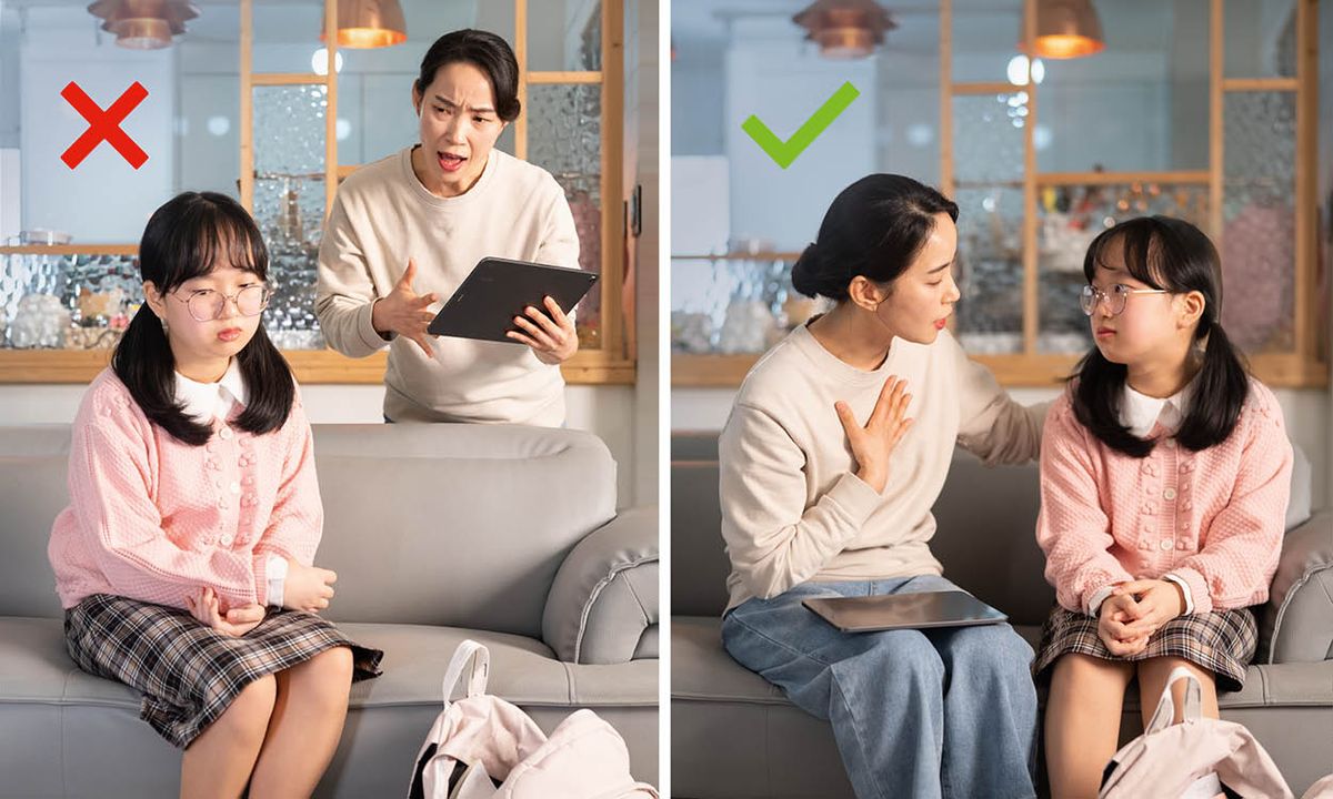 Duas reações diferentes de uma mãe após descobrir que a sua filha se deparou com pornografia. 1. A mãe fica zangada e chateia-se com a filha. 2. A mãe tem uma conversa calma com ela.