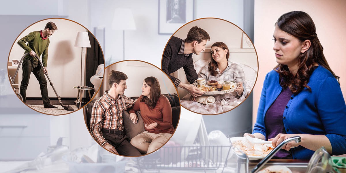 Uma esposa ocupada pensa em como o seu marido a ajuda nas tarefas domésticas, em como ele a escuta e em como a apoia quando ela está doente