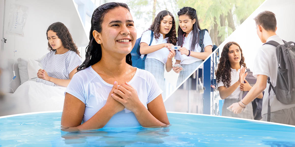 Uma adolescente, que acaba de ser batizada, sorri. Fotomontagem: O que ela continua a fazer depois do batismo. 1. Ela ora numa cama de hospital. 2. Ela oferece um cartão do site jw.org a uma colega de escola. 3. Ela rejeita a oferta de um rapaz na escola.