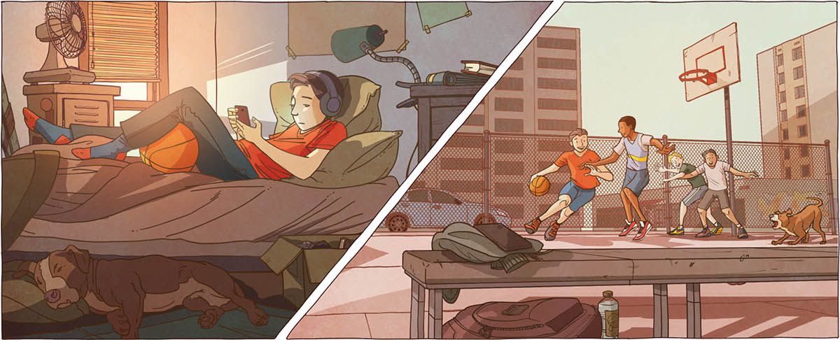 Cenas de um adolescente ao meio-dia. 1. Está deitado na cama, com auscultadores e concentrado no telemóvel. 2. Gosta de jogar basquetebol com os amigos ao ar livre.