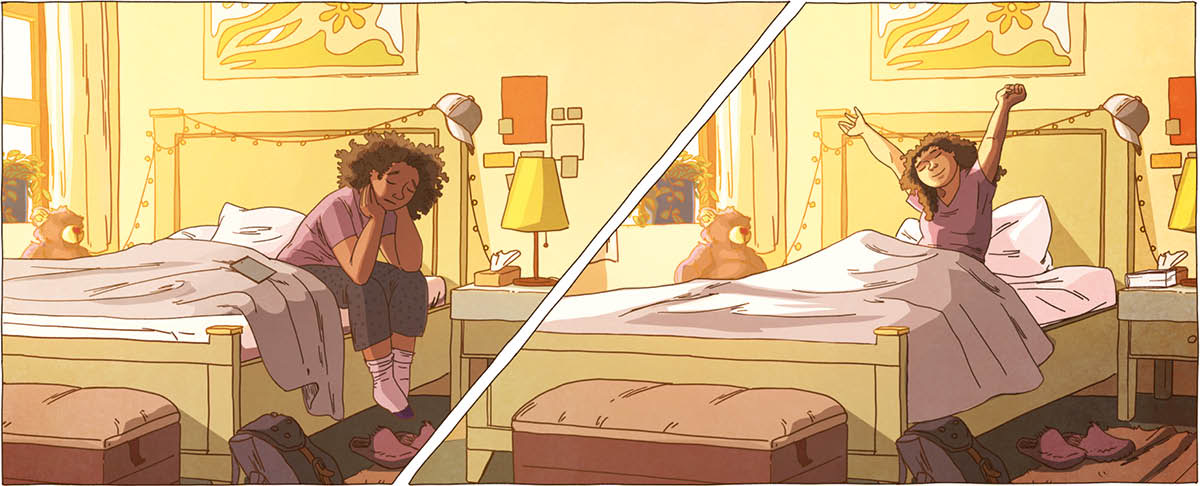 Cenas de uma adolescente de manhã. 1. Está sentada na cama e custa-lhe acordar. 2. Ela senta-se na cama e espreguiça-se.