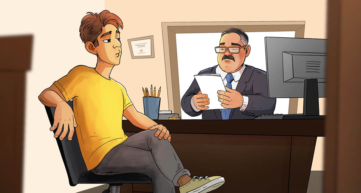 Um jovem apático e vestido de forma informal numa entrevista de trabalho.