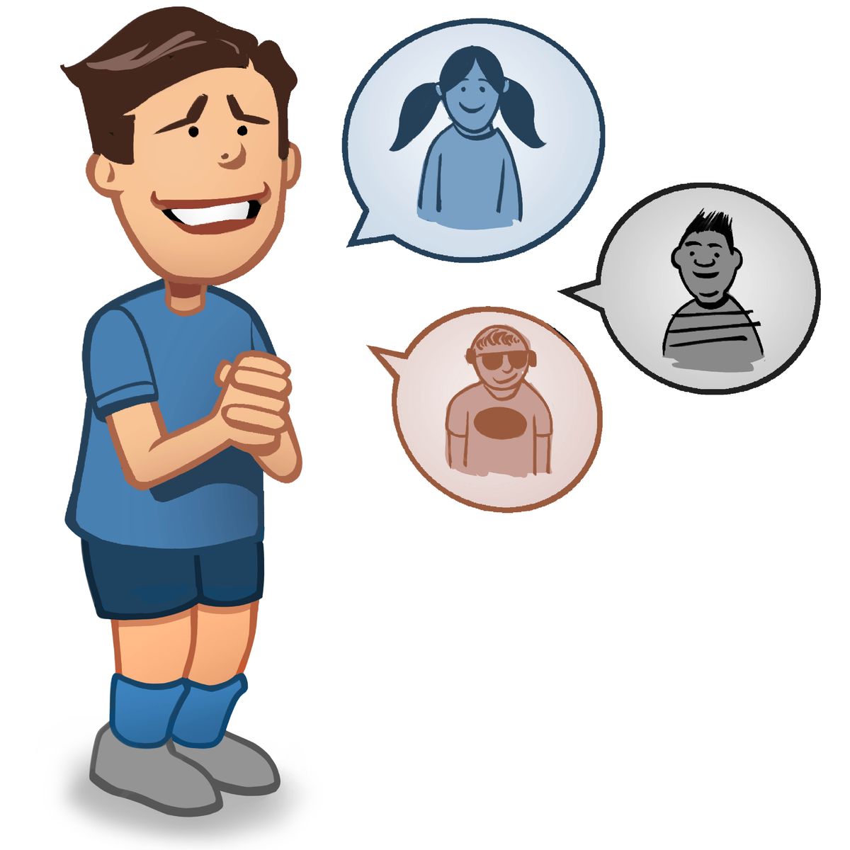 Um adolescente a suplicar. Em destaque, balões de conversa mostram outros três adolescentes.