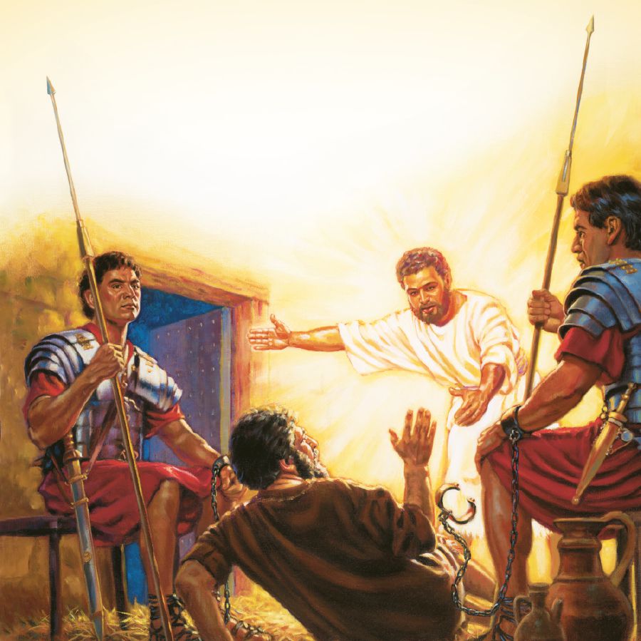 Pedro entre dois soldados, um anjo acorda-o e as correntes soltam-se das mãos