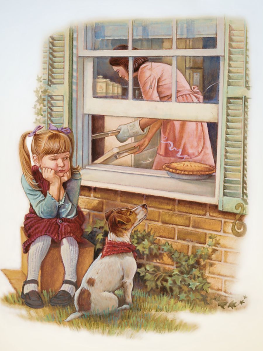 Uma menina olha com desejo para uma tarte