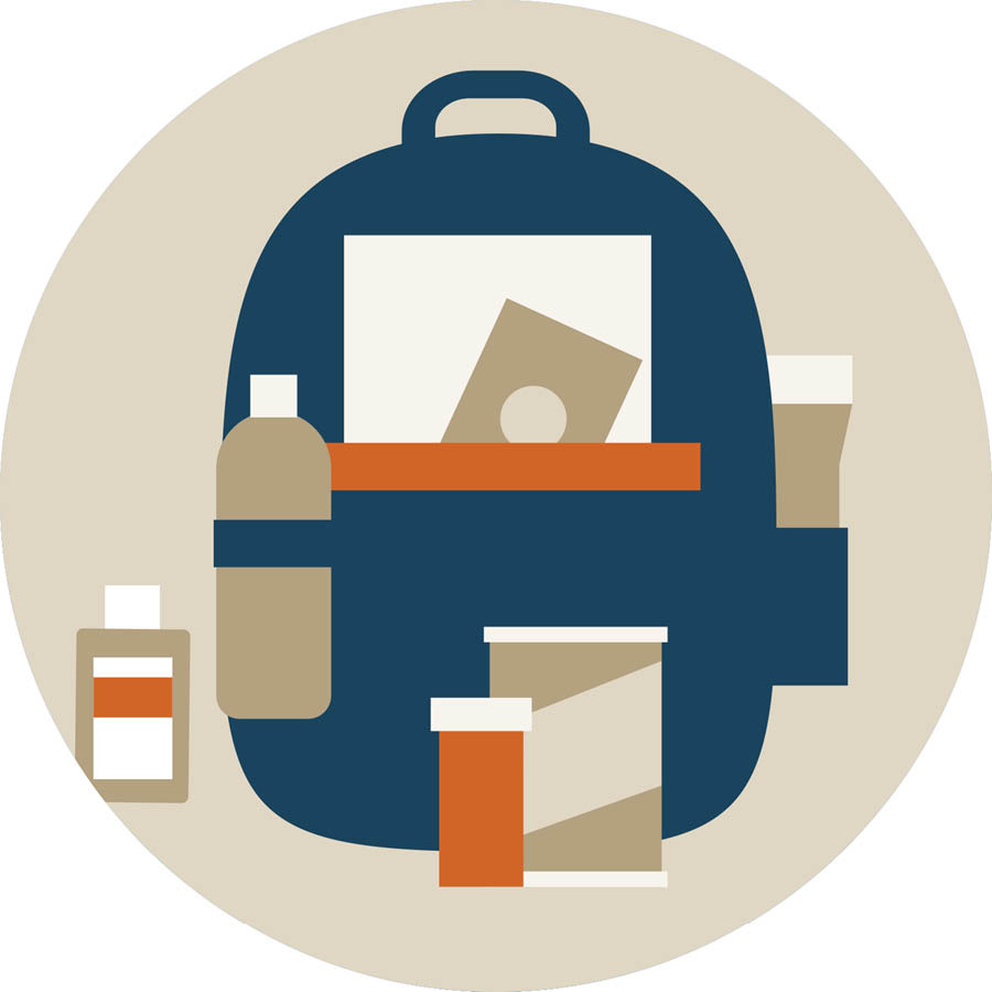 Mochila de emergência equipada com comida, água e medicamentos.