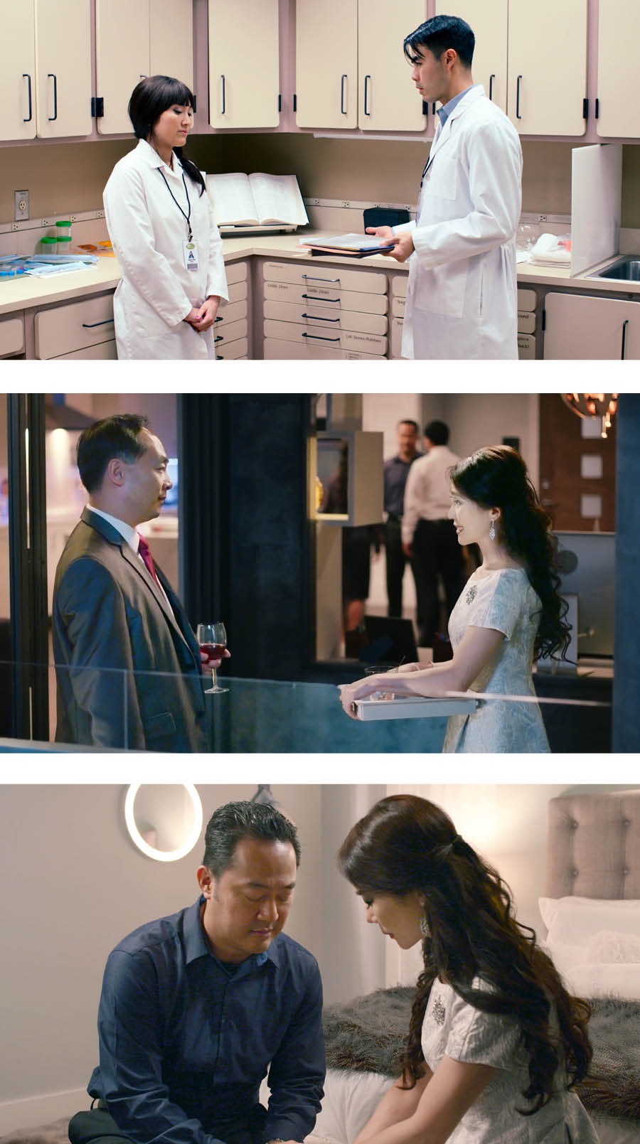 Ana no trabalho; Glória com o tio; Bruno e Glória oram juntos