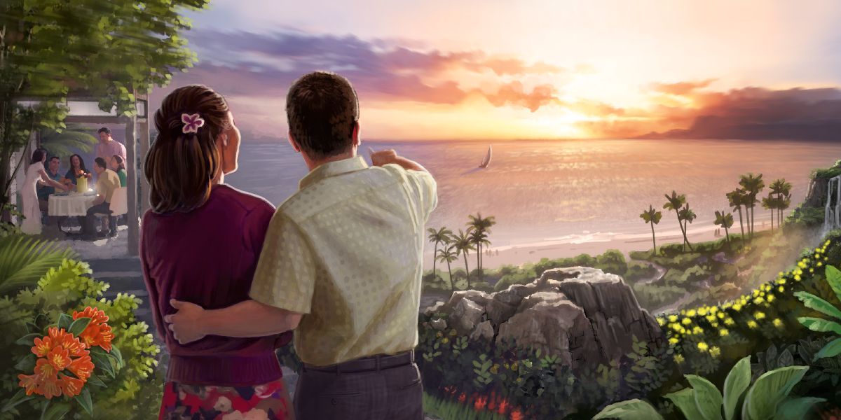 Um casal olha para o pôr do sol e outros tomam uma refeição no Paraíso