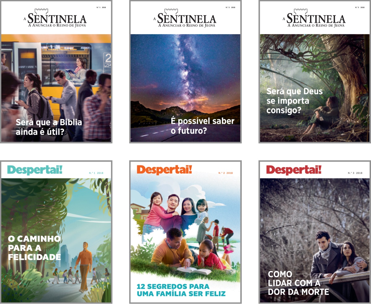 Colagem: Artigos de capa de ‘A Sentinela’ e ‘Despertai!’ em 2018. 1. ‘Será que a Bíblia ainda é útil?’ 2. ‘É possível saber o futuro?’ 3. ‘Será que Deus se importa consigo?’ 4. ‘O caminho para a felicidade.’ 5. ‘12 Segredos para uma família ser feliz.’ 6. ‘Como lidar com a dor da morte.’