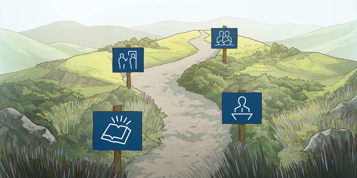 Um caminho com muitas curvas que representa o serviço de Jeová. Ao longo do percurso, vemos sinais que representam os passos do estudo da Bíblia, assistência às reuniões, pregação e batismo.