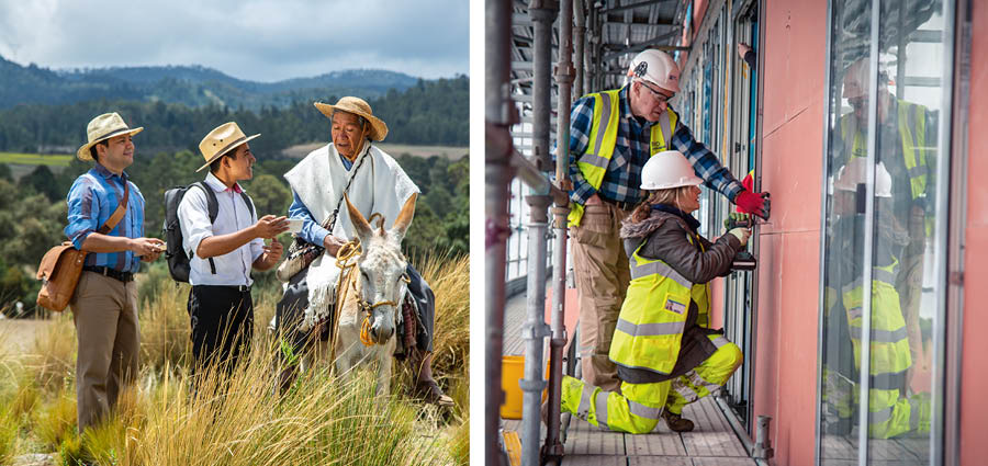 Conjunto de imagens: Irmãos no serviço de tempo integral. 1. Dois pioneiros pregam a um homem num burro. 2. Um irmão e uma irmã numa construção.