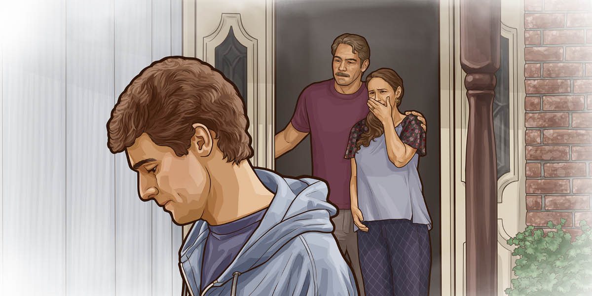 Um filho que não se arrependeu do seu pecado está a sair de casa e os pais estão a olhar para ele e a chorar.