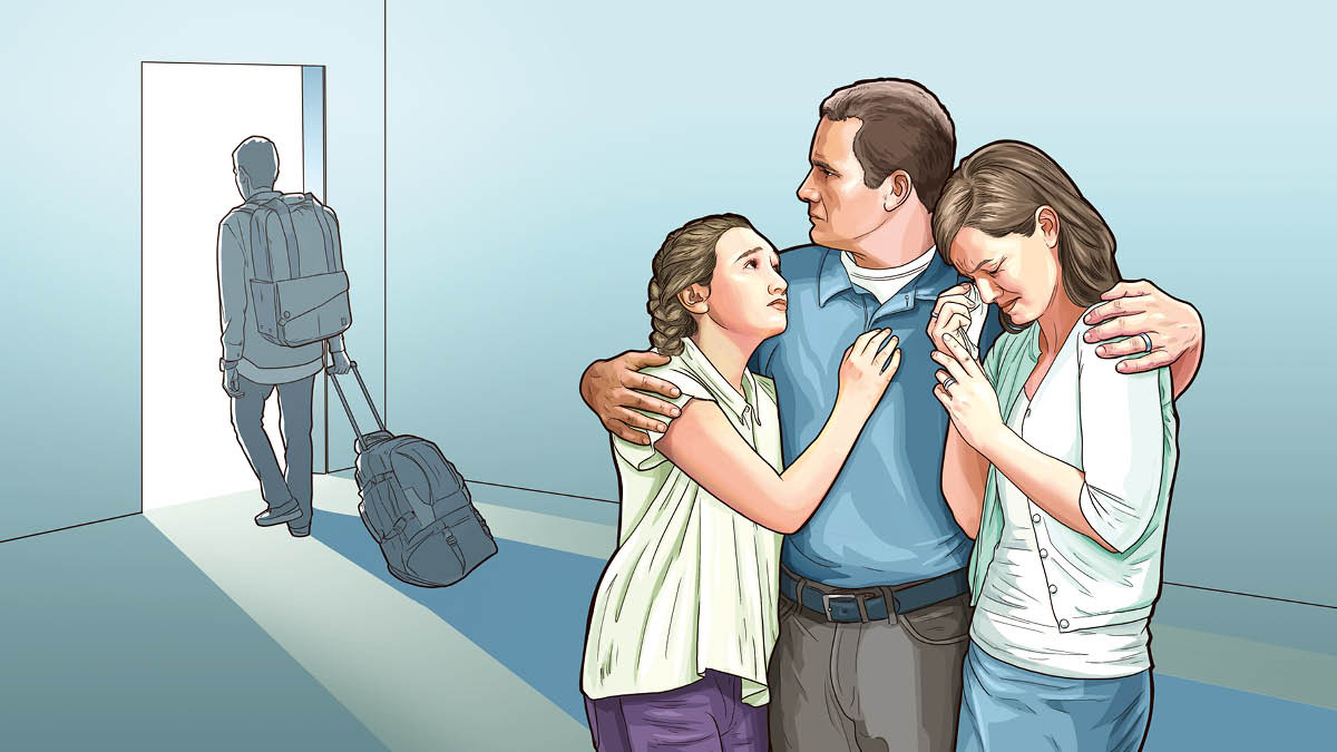 O filho sai de casa com uma mala. O pai abraça a esposa e a filha que choram.