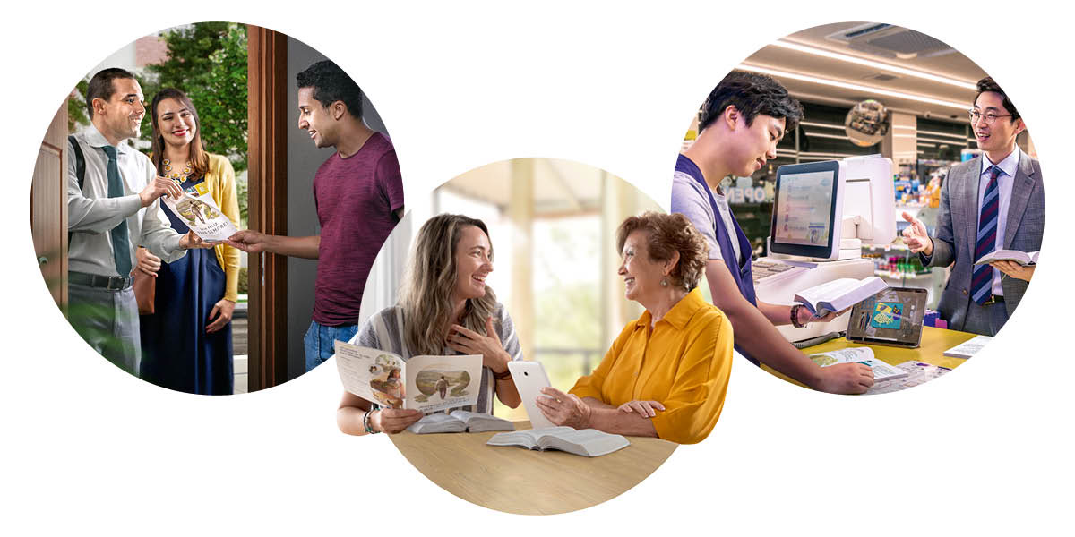 Conjunto de imagens: 1. Na pregação de casa em casa, um casal oferece a brochura “Seja Feliz Para Sempre” a um homem. 2. Uma irmã usa a brochura para dirigir um estudo bíblico com uma mulher. 3. Um irmão usa o livro “Seja Feliz Para Sempre!” para dirigir um estudo com um homem no território comercial.