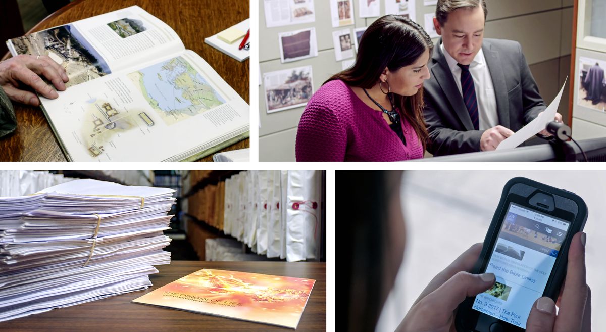 Conjunto de imagens: Cenas do vídeo “Publicações Que Promovem Amor e Respeito Pela Verdade”. 1. Um irmão consulta um livro de referências. 2. Um irmão e uma irmã verificam uma fonte de matéria para ser incluída num pacote de pesquisas. 3. Uma pilha de papéis usados como fonte de pesquisa ao lado da brochura “A Origem da Vida – Cinco Perguntas Que Merecem Resposta”. 4. Uma mulher olha para uma página do site jw.org aberta no telemóvel.