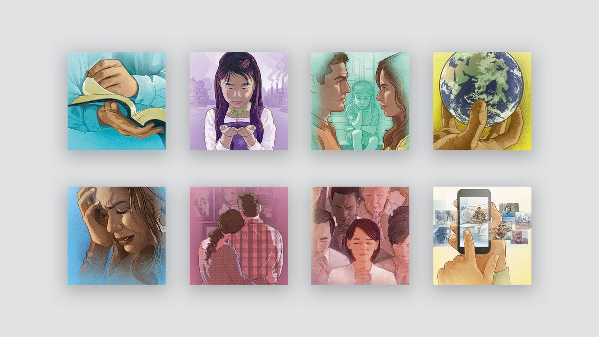Conjunto de imagens: Vários folhetos. 1. “O que acha da Bíblia?” 2. “O que espera do futuro?” 3. “Qual é o segredo para ter uma família feliz?” 4. “Quem controla o mundo?” 5. “Será que o sofrimento vai acabar algum dia?” 6. “Será que as pessoas que já morreram podem voltar a viver?” 7. “O que é o Reino de Deus?” 8. “Onde encontrar as respostas às perguntas mais importantes da Vida?”