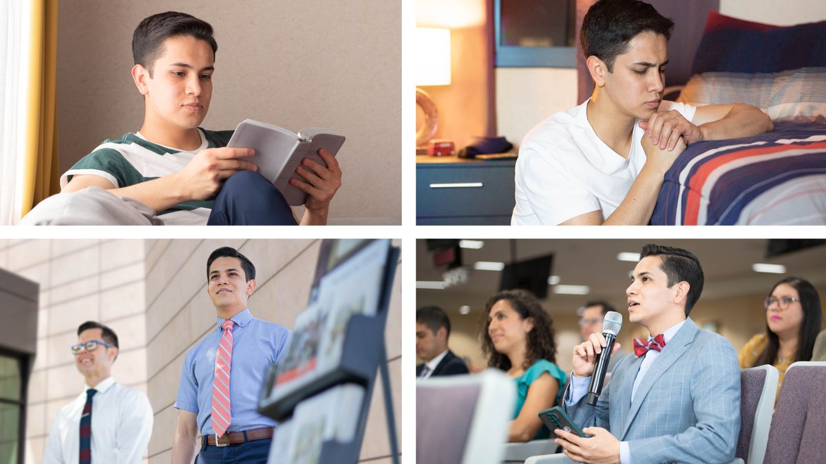 Conjunto de imagens: Um jovem irmão tem uma boa rotina espiritual. 1. Lê a Bíblia. 2. Ora de coração. 3. Comenta numa reunião. 4. Participa no testemunho com os carrinhos.