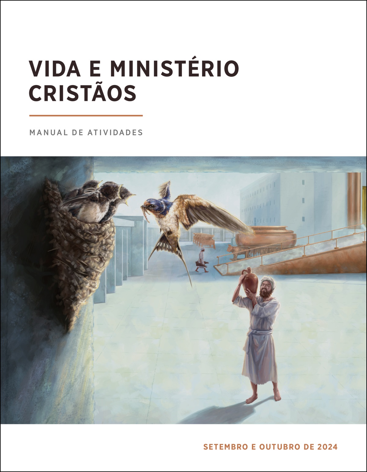 Um dos filhos de Corá olha para um ninho de andorinha no pátio do templo.