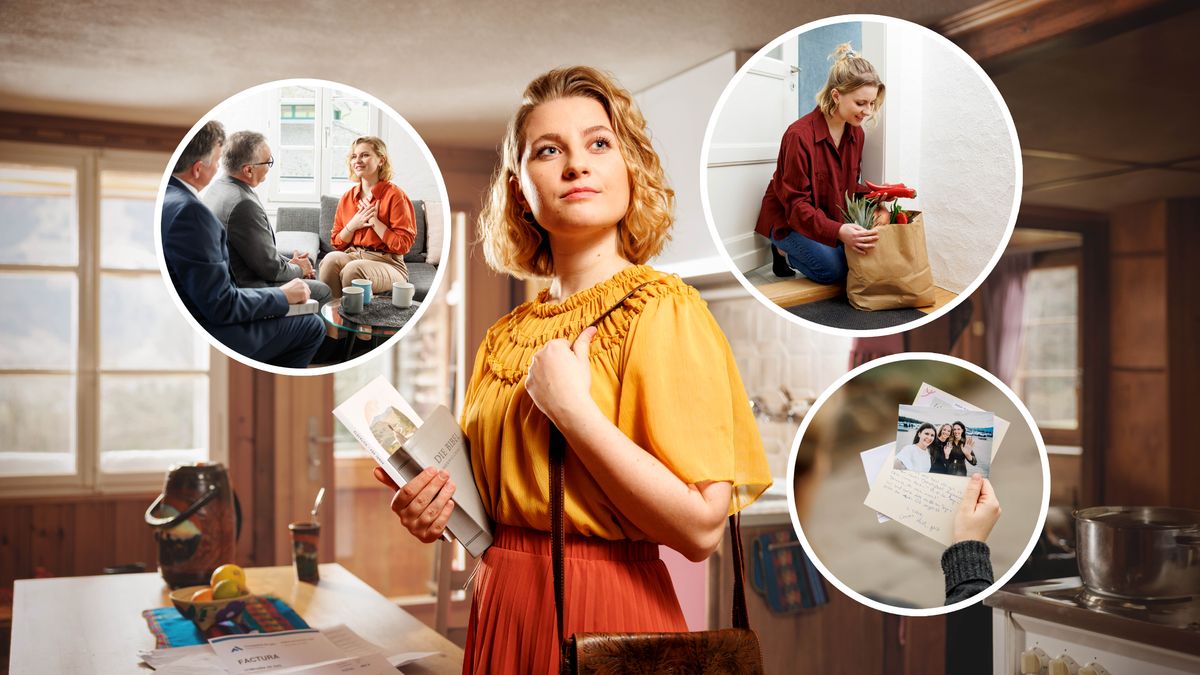 Uma irmã prepara-se para sair à pregação. Ela lembra-se de várias ocasiões em que Jeová a ajudou no passado. Conjunto de imagens: 1. Ela recebe uma visita de pastoreio. 2. Ela recebe um saco de compras. 3. Ela recebe uma carta e uma fotografia de uma amiga.