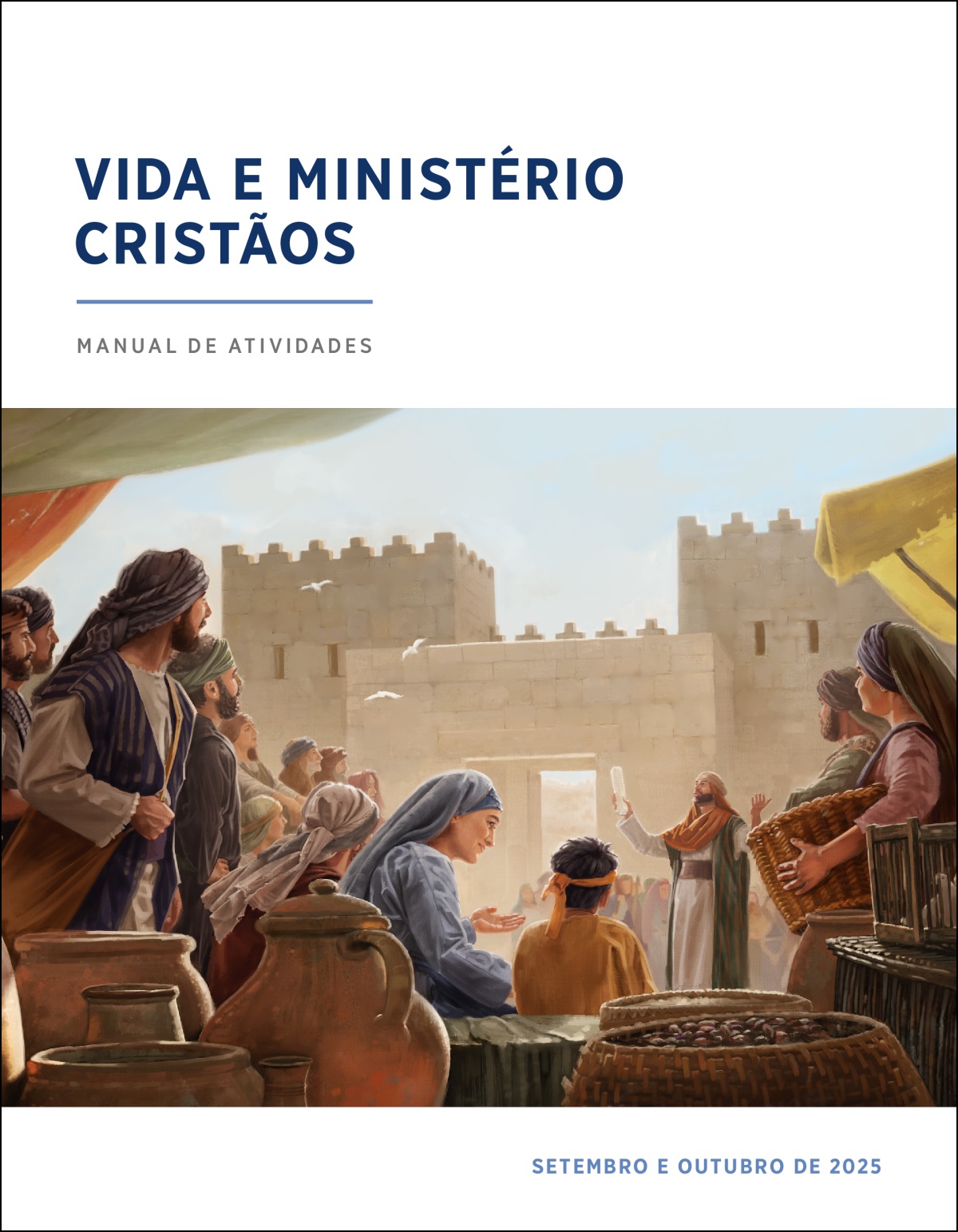 Um grupo de israelitas, perto do portão da cidade, escuta um sacerdote. Ele está a segurar um rolo.
