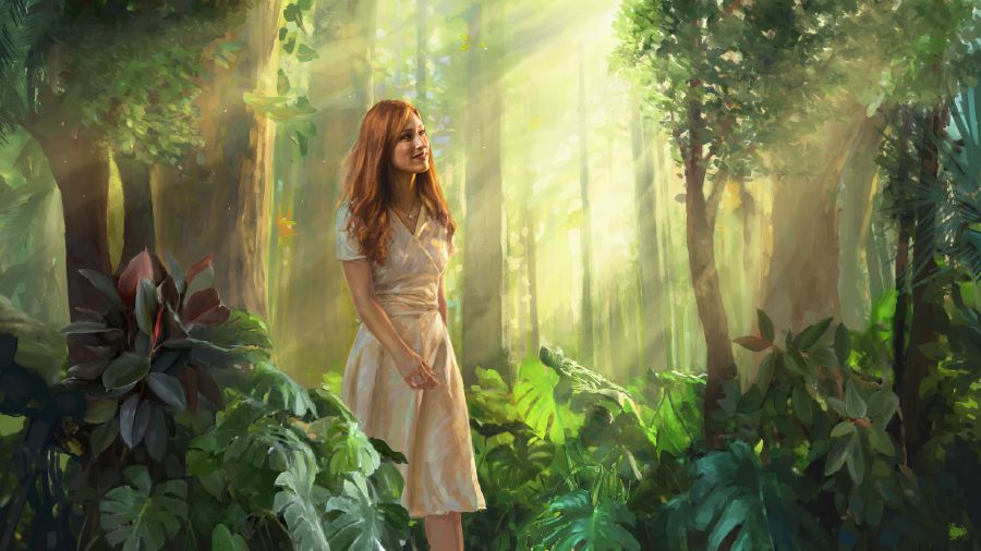 Uma mulher perfeita passeia numa floresta. Raios de sol brilham entre as árvores.