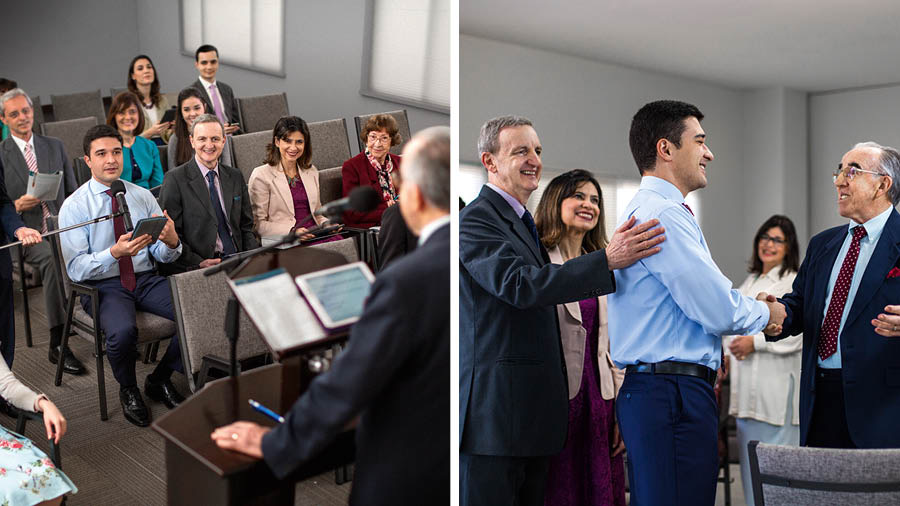  Conjunto de imagens: 1. O estudante dá um comentário durante o Estudo de ‘A Sentinela’. 2. O dirigente do Estudo de ‘A Sentinela’ elogia o estudante depois da reunião.