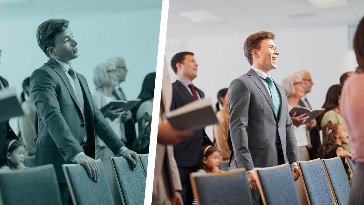 Conjunto de imagens: Cenas de uma reunião no Salão. 1. Uma imagem mostra um jovem a cantar sem entusiasmo na reunião. 2. A outra imagem mostra o jovem a cantar com entusiasmo.