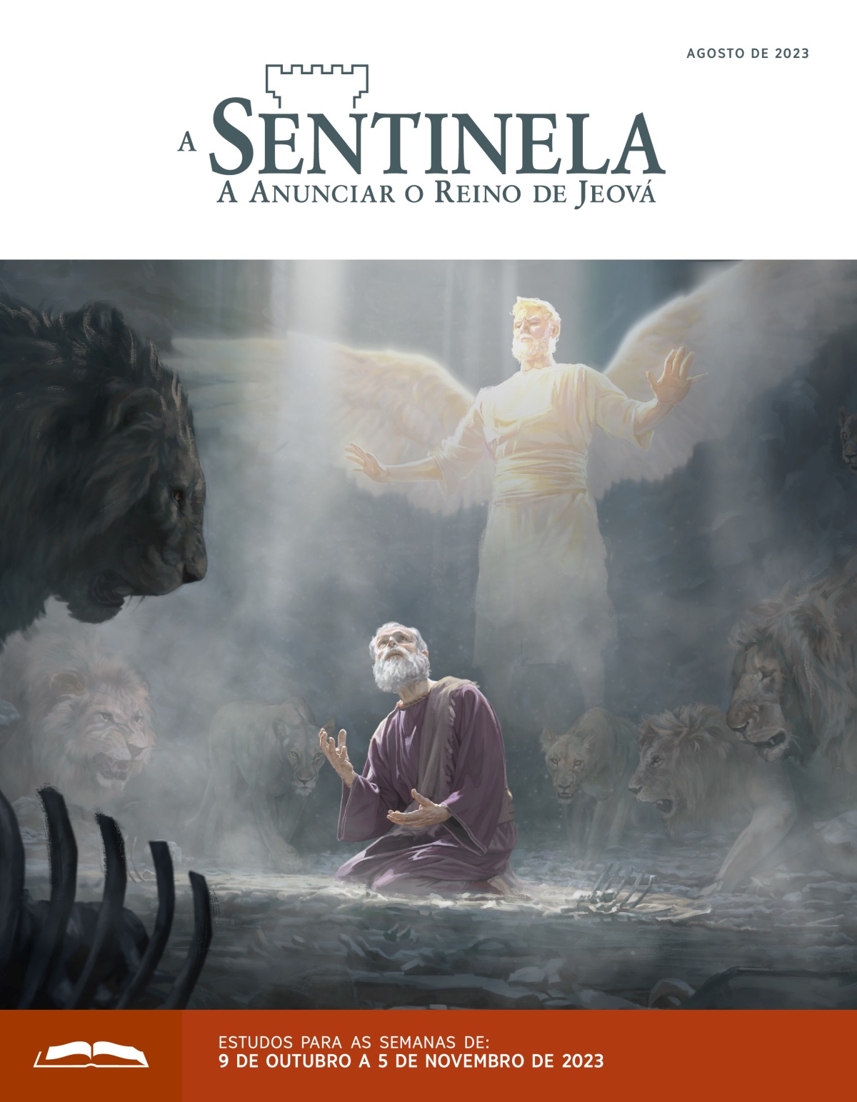 O profeta Daniel dentro de uma cova e rodeado por leões olha para cima, em direção ao céu, enquanto um anjo o protege.