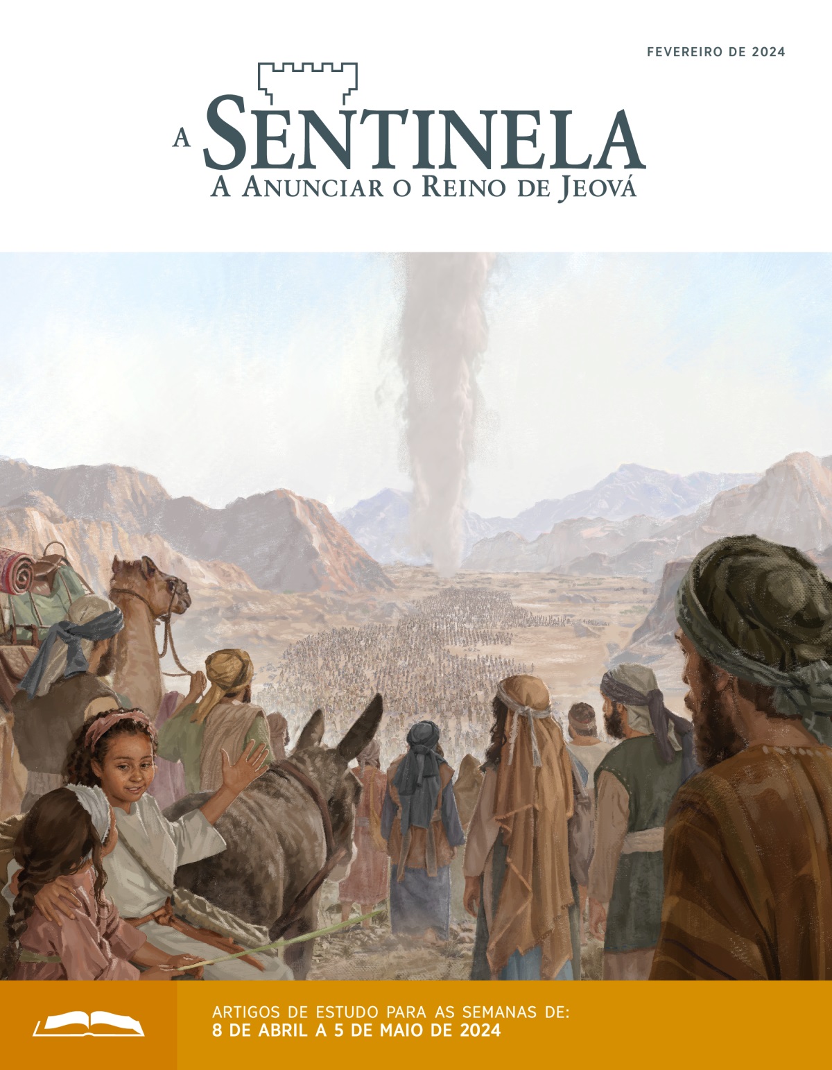 Um grande grupo de homens, mulheres e crianças israelitas seguem uma coluna de nuvem no deserto.
