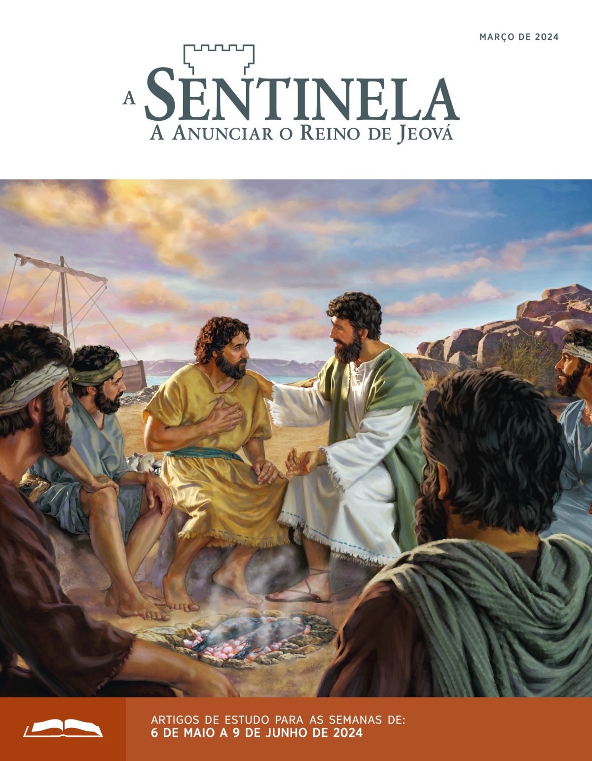 Jesus a conversar com Pedro, enquanto peixes estão a assar na brasa. Os outros apóstolos escutam com atenção.