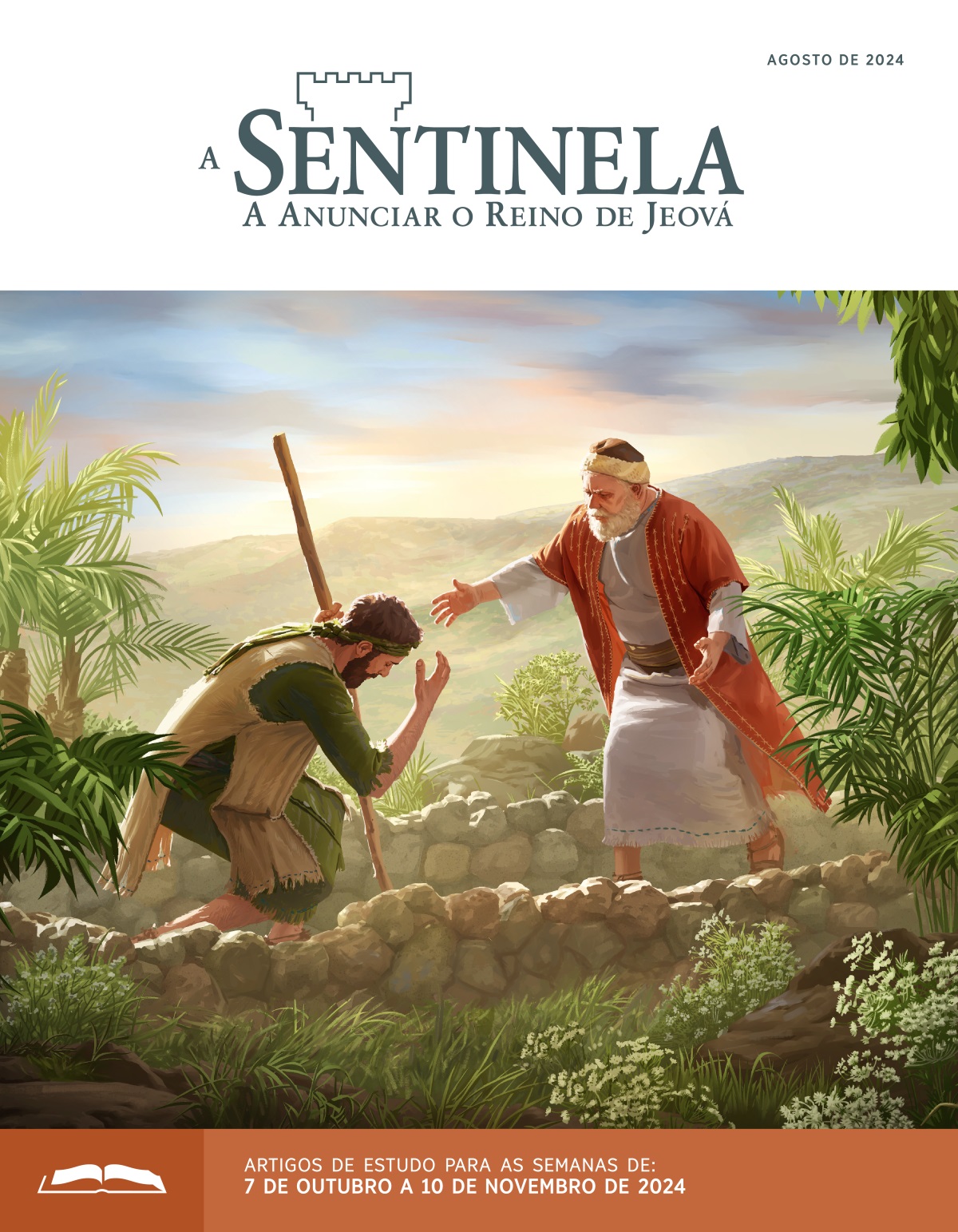 O filho pródigo da parábola de Jesus a ajoelhar-se em frente ao pai, que está correr para abraçá-lo.