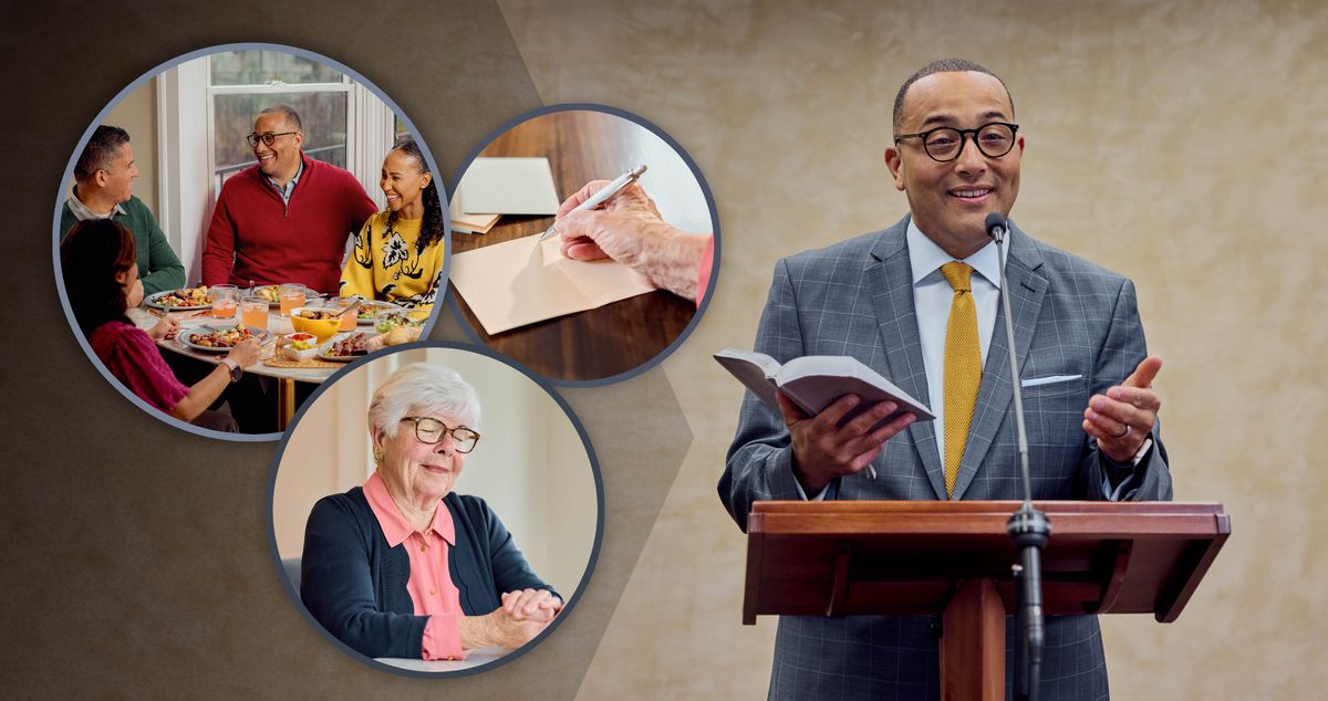 Um ancião a fazer um discurso na congregação. Conjunto de imagens: Maneiras de mostrarmos a nossa gratidão pelos anciãos. 1. Um casal convida um ancião e a esposa dele para uma refeição. 2. Uma irmã idosa ora pelos anciãos. 3. A mesma irmã escreve um cartão para os anciãos.