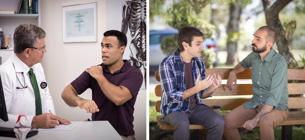 Conjunto de imagens: 1. Um homem fala com um médico sobre uma dor no ombro. 2. Um irmão fala com um ancião sobre um problema. Eles estão sentados num banco ao ar livre.