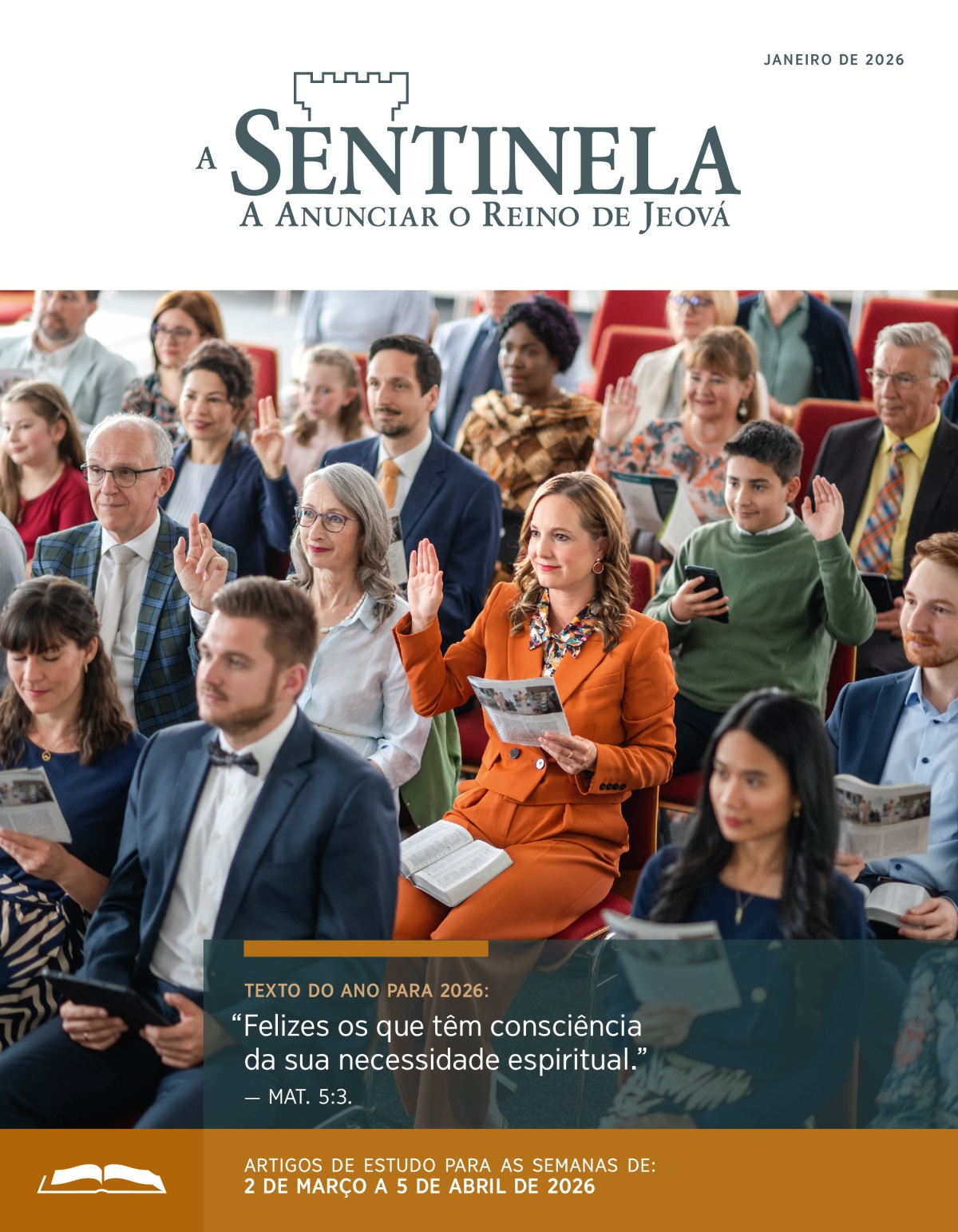 Uma irmã levanta a mão para comentar no Estudo de “A Sentinela”. Outros irmãos e irmãs também levantam a mão.