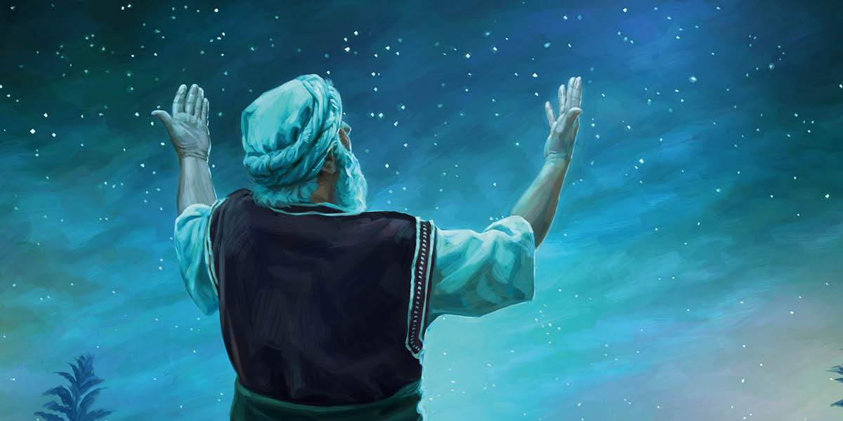 Abraão olha para as estrelas com as mãos levantadas.