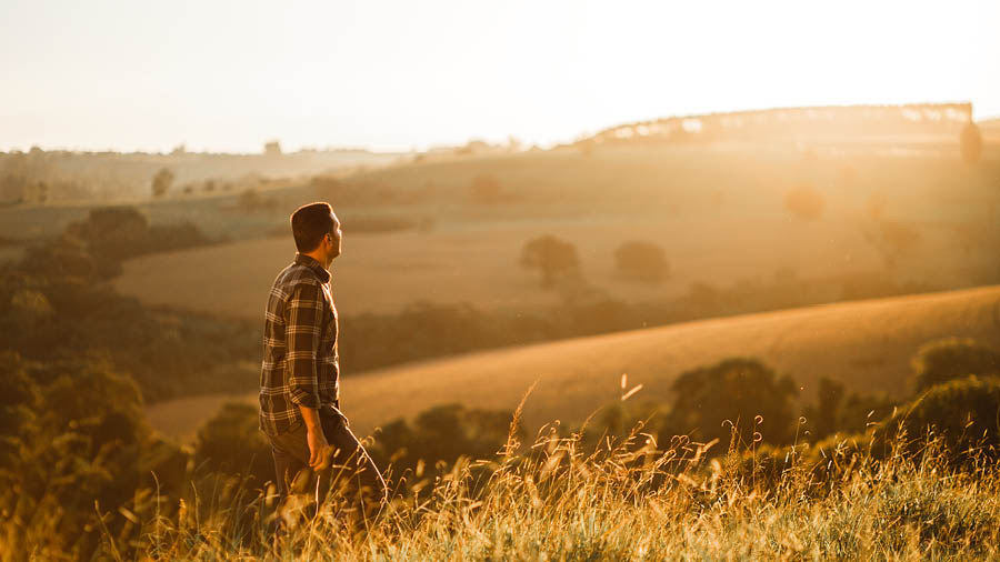 Um homem a caminhar num campo ao pôr do sol.