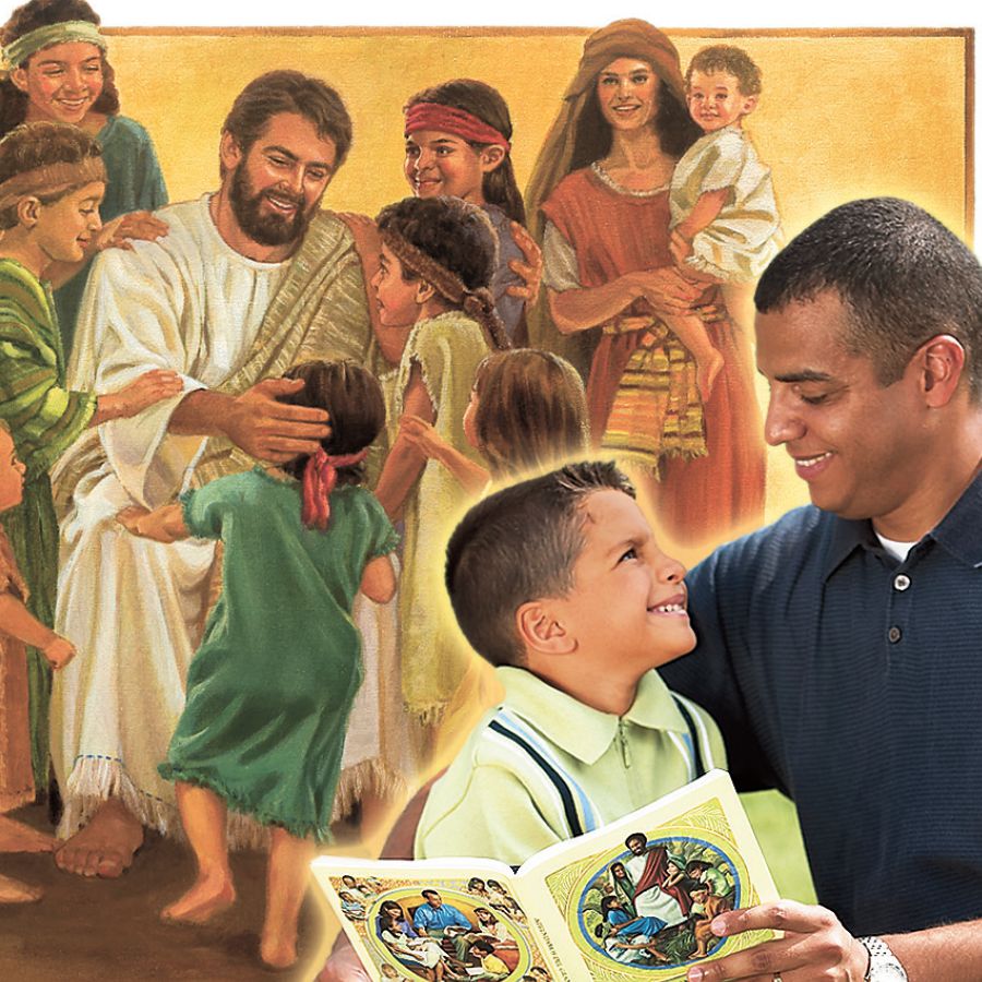1. Jesus dando atenção às crianças; 2. Pai lendo o livro Aprenda do Grande Instrutor para o filho