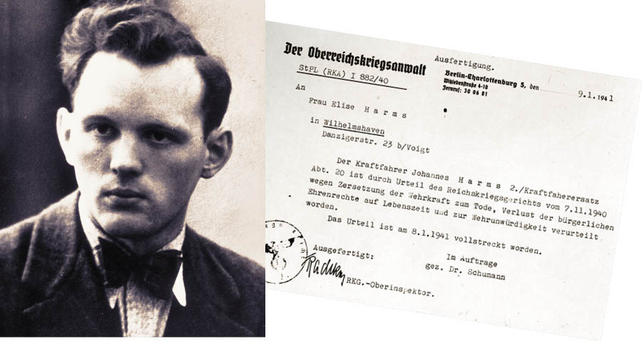 Conjunto de imagens: 1. Johannes Harms. 2. Uma cópia do seu certificado de óbito.